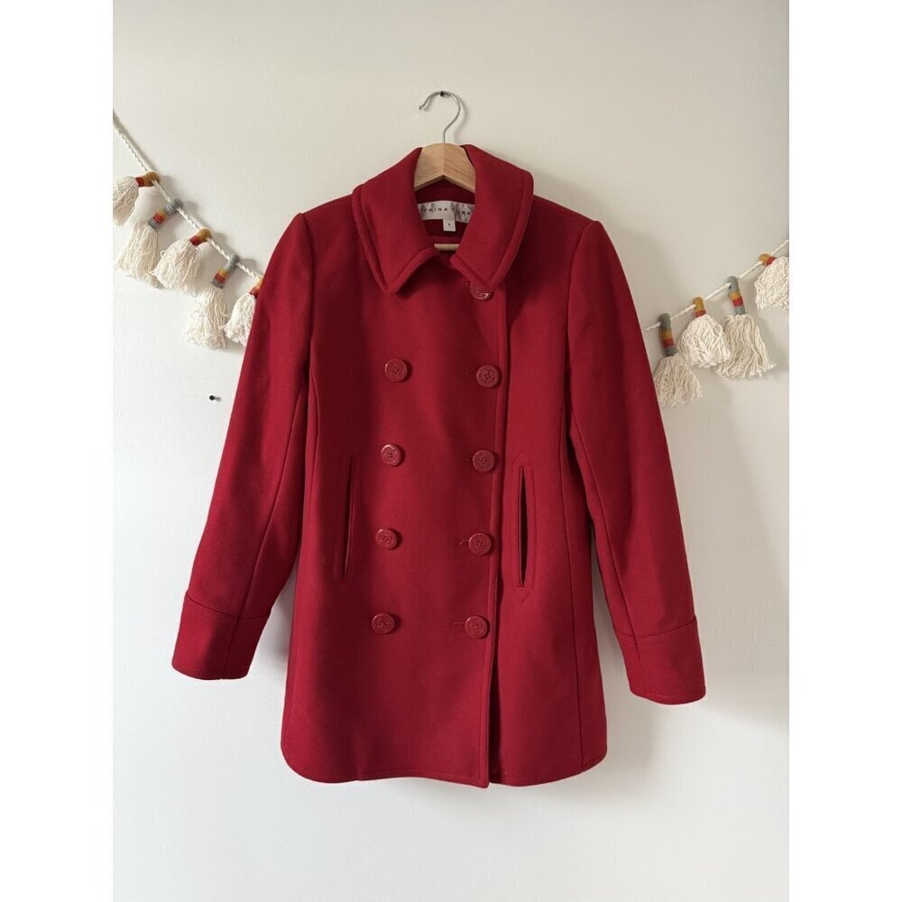 NWOT Trina Turk Lambswool Red Double Breasted Anchor Peacoat Holiday Xmas 6